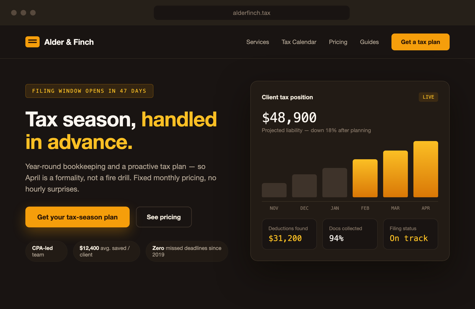 Concept mockup: accounting firm website in warm brown and amber with tax dashboard