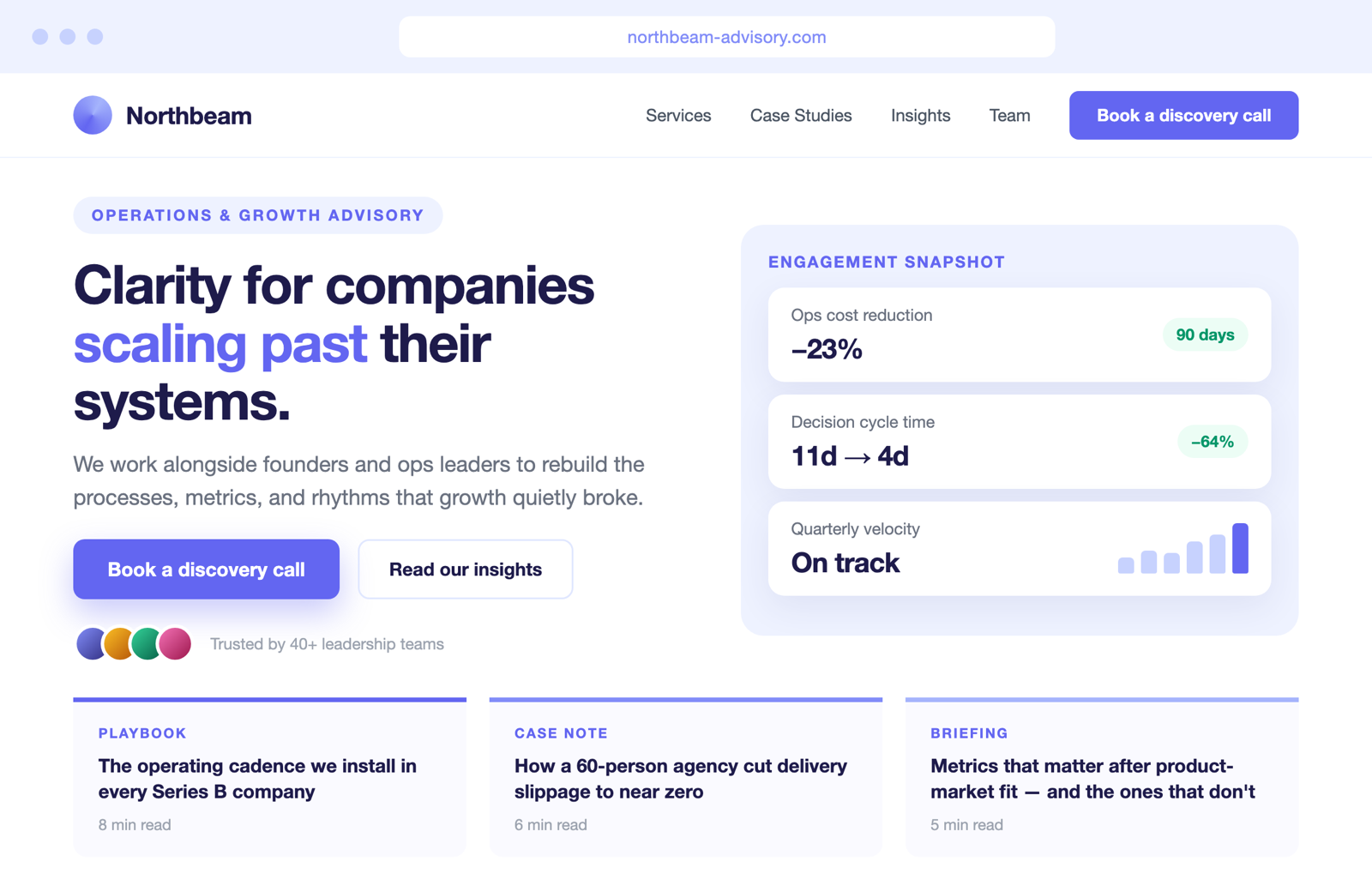 Concept mockup: consultancy website in indigo with metrics panel and insights hub