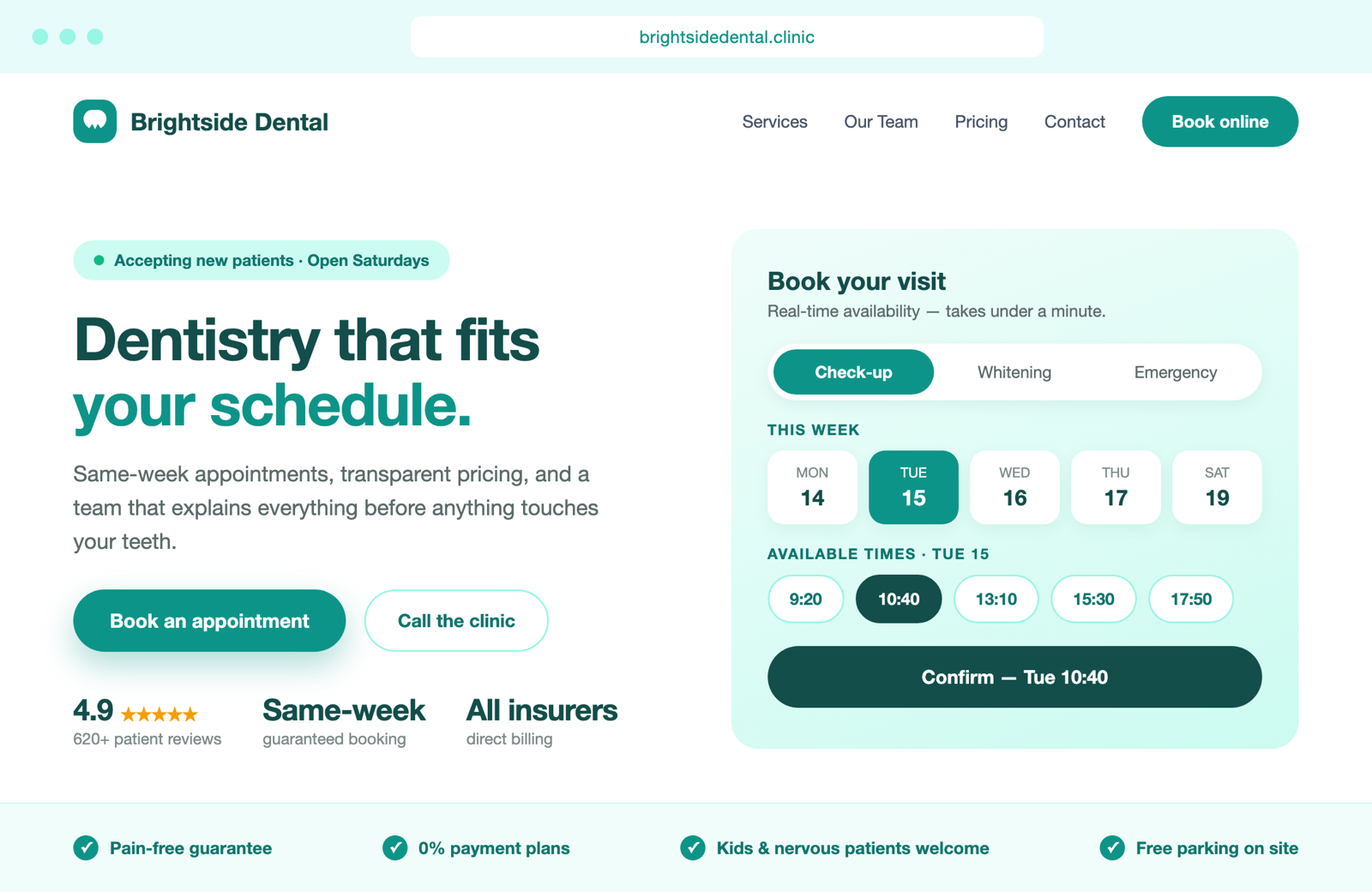 Concept mockup: dental clinic website in teal with online booking widget