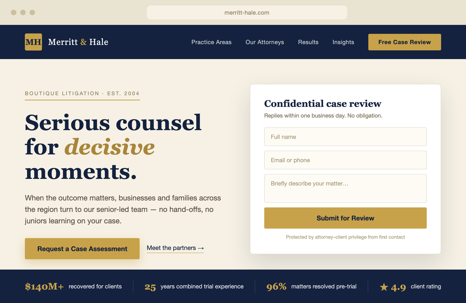 Concept mockup: boutique law firm website in navy and gold with case review intake form